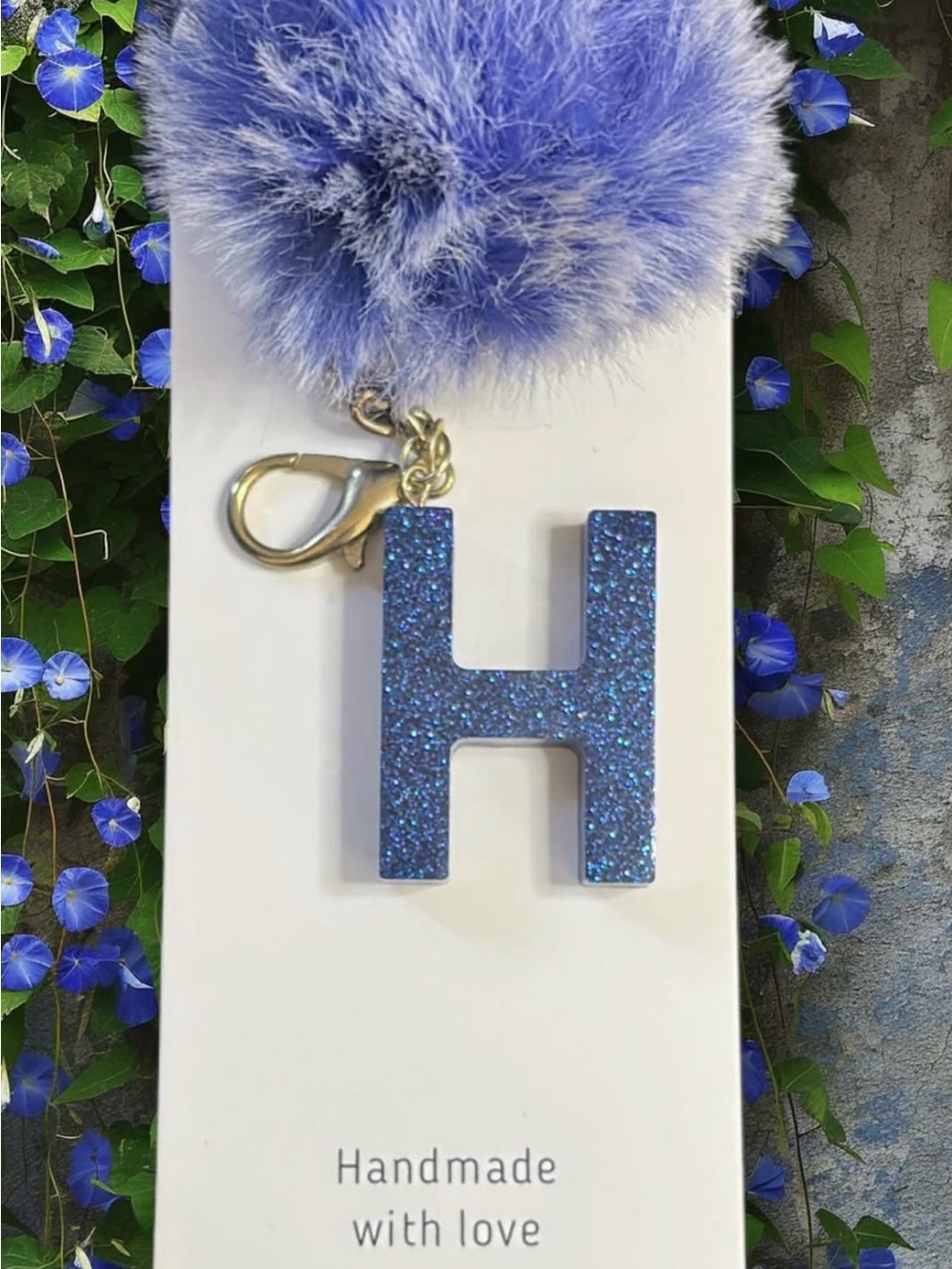 Handmade Blue Glitter 'H' Pom Keychain
